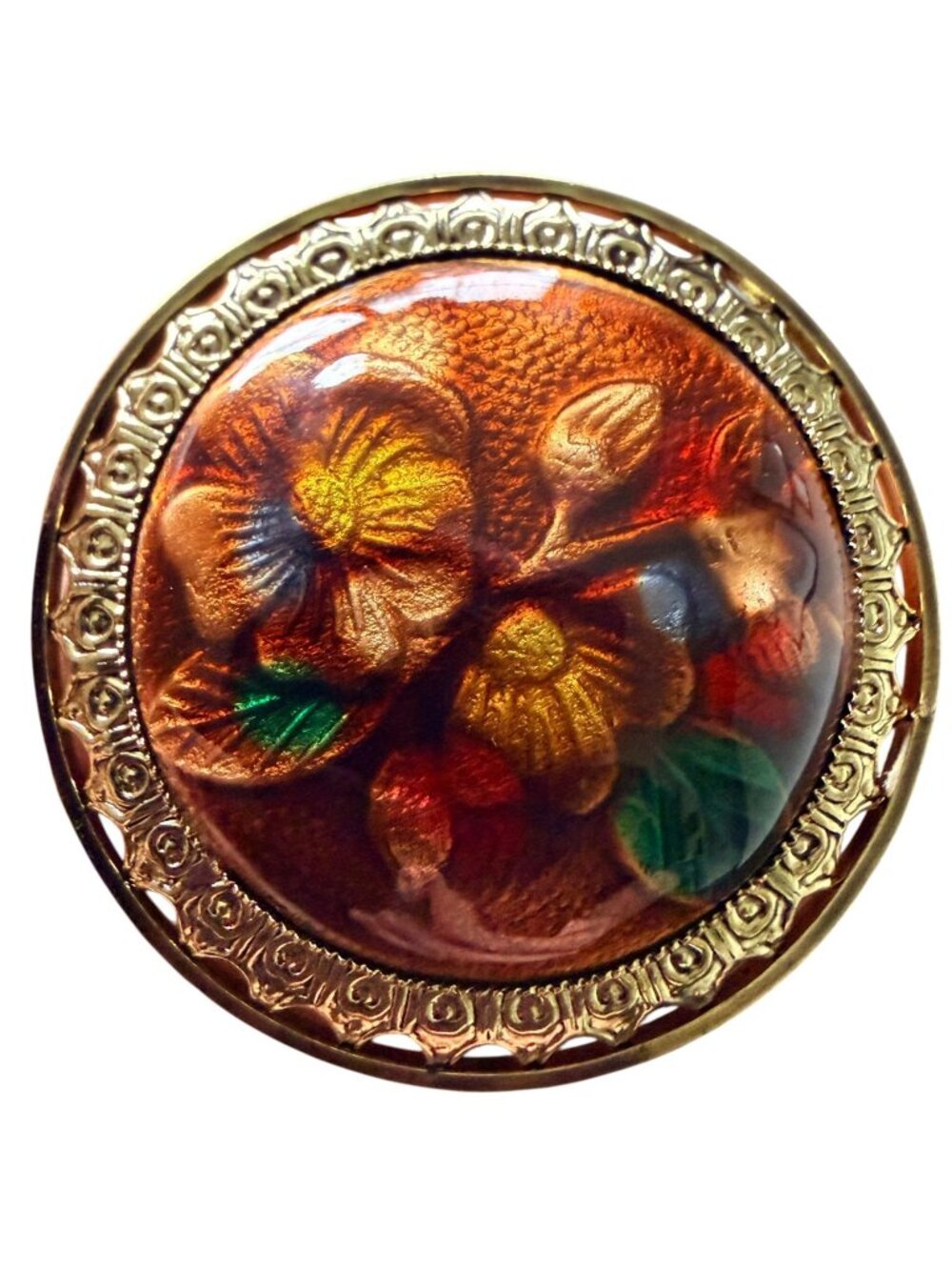 Vintage Reverse Carved Lucite Brooch Gold Tone Floral Pin 1950s New Old Stock